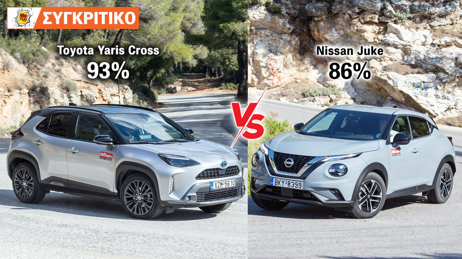 Συγκρίνουμε τα υβριδικά Toyota Yaris 116 PS και Nissan Juke 145 PS. 